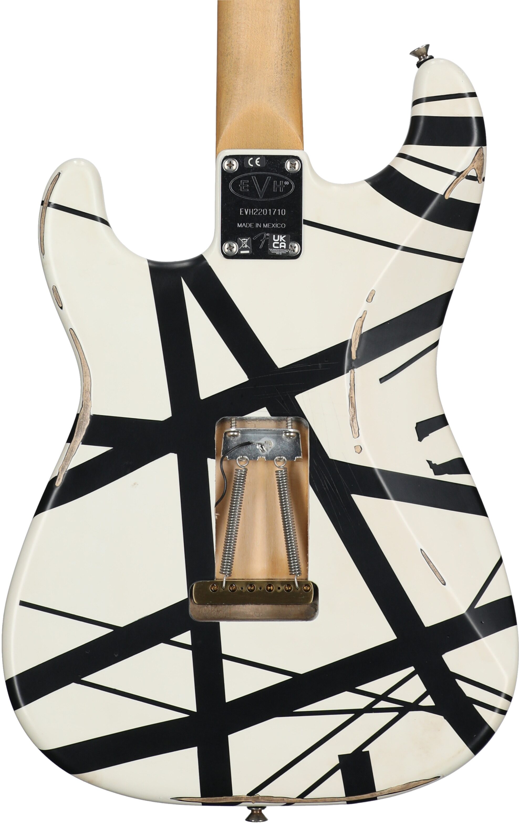 EVH Eddie Van Halen Striped '78 Eruption Electric Guitar (with Gig Bag), White and Black, Body Straight Back