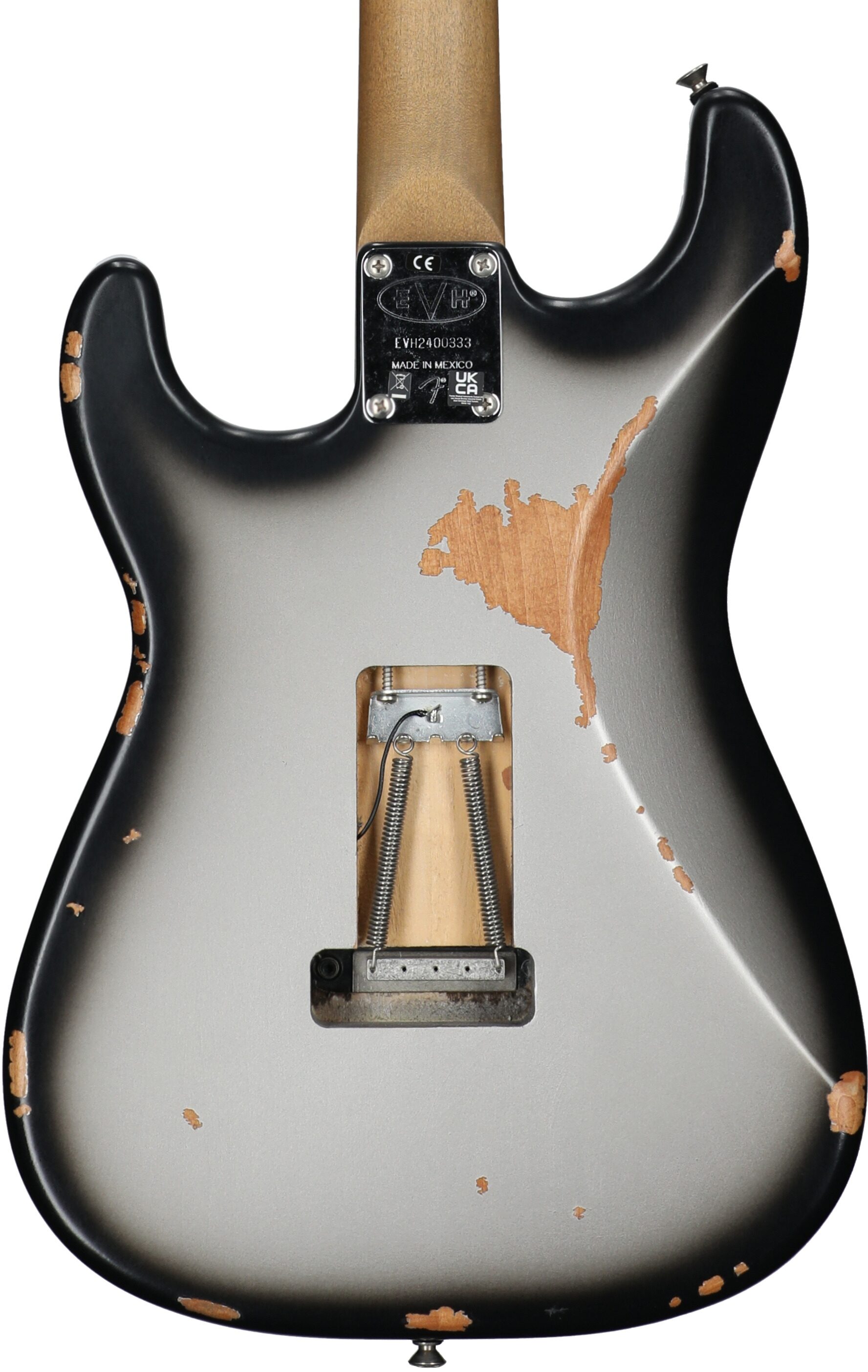 EVH Eddie Van Halen Frankenstein Relic Series Electric Guitar (with Gig Bag), Silverburst, Body Straight Back