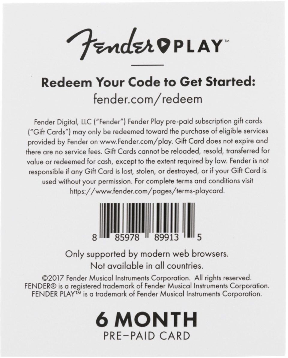 Fender Play Subscription Gift Card, Back