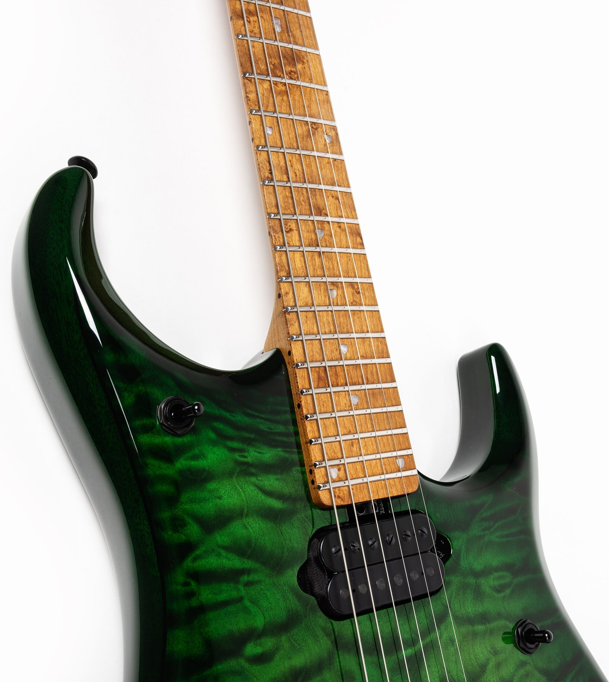 Ernie Ball Music Man John Petrucci JP15 Electric Guitar (with Case), Green Tiger Eye Quilt, Action Position Back