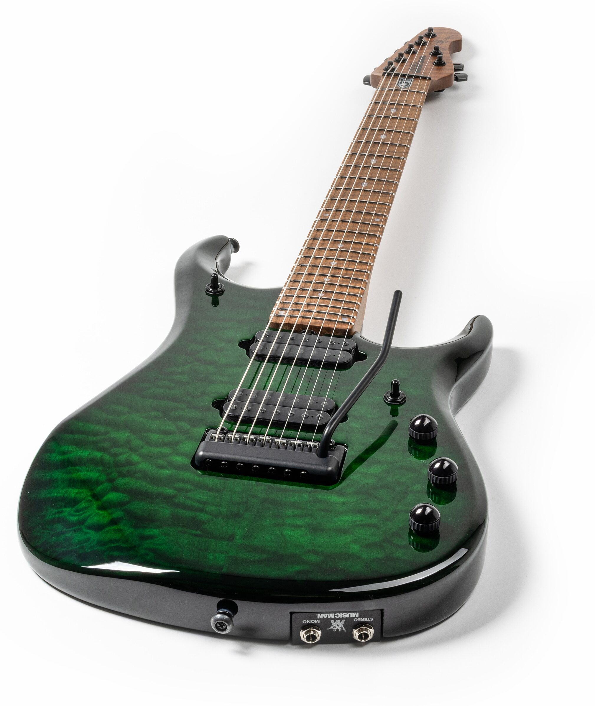 Ernie Ball Music Man John Petrucci JP15 7 Electric Guitar, 7-String (with Case), Green Tiger Eye Quilt, Action Position Back