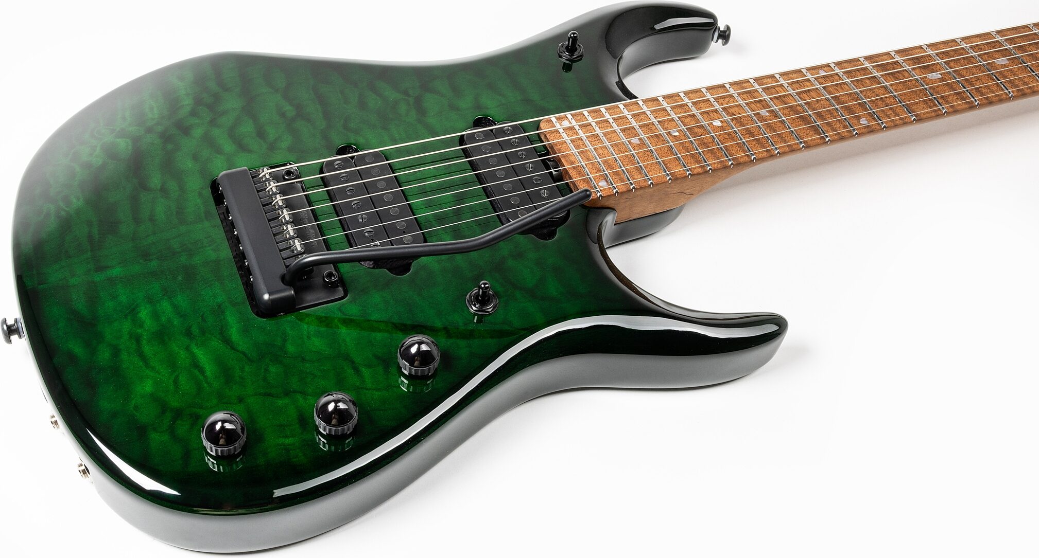 Ernie Ball Music Man John Petrucci JP15 7 Electric Guitar, 7-String (with Case), Green Tiger Eye Quilt, Action Position Back