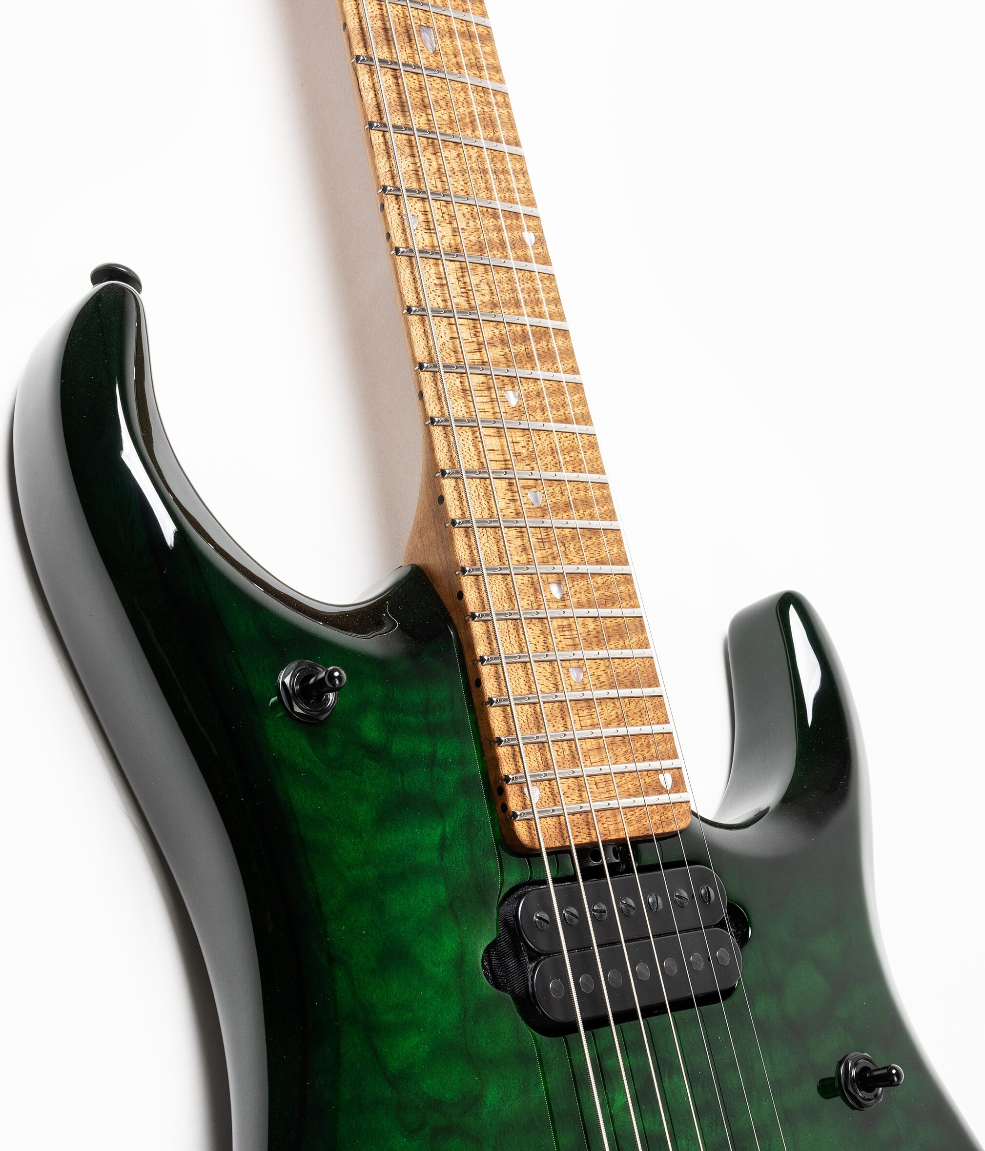Ernie Ball Music Man John Petrucci JP15 7 Electric Guitar, 7-String (with Case), Green Tiger Eye Quilt, Action Position Back