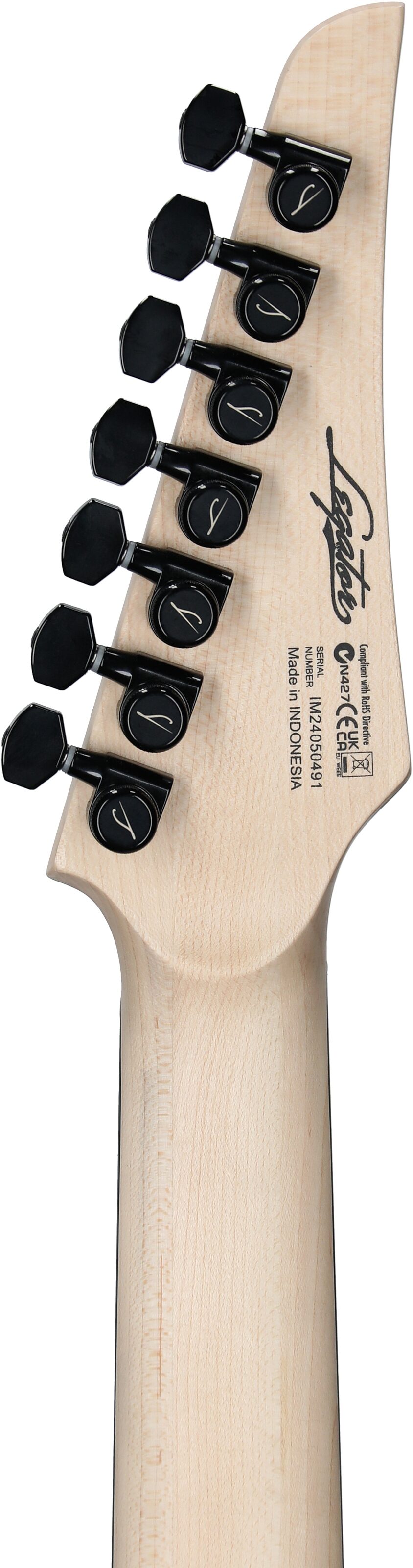 Legator Ninja 7 Multi-Scale Guitar, Black Quilted Maple, Headstock Straight Back