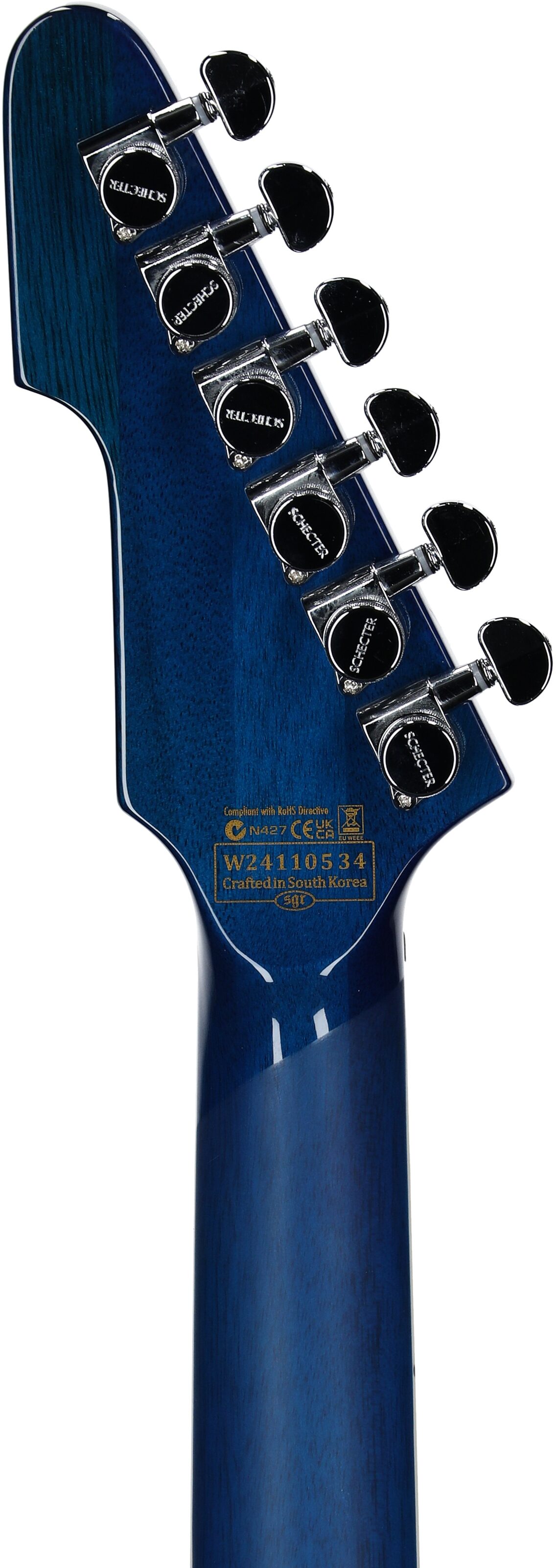 Schecter E-1 Electro-Resin Electric Guitar, Transparent Blue, Headstock Straight Back