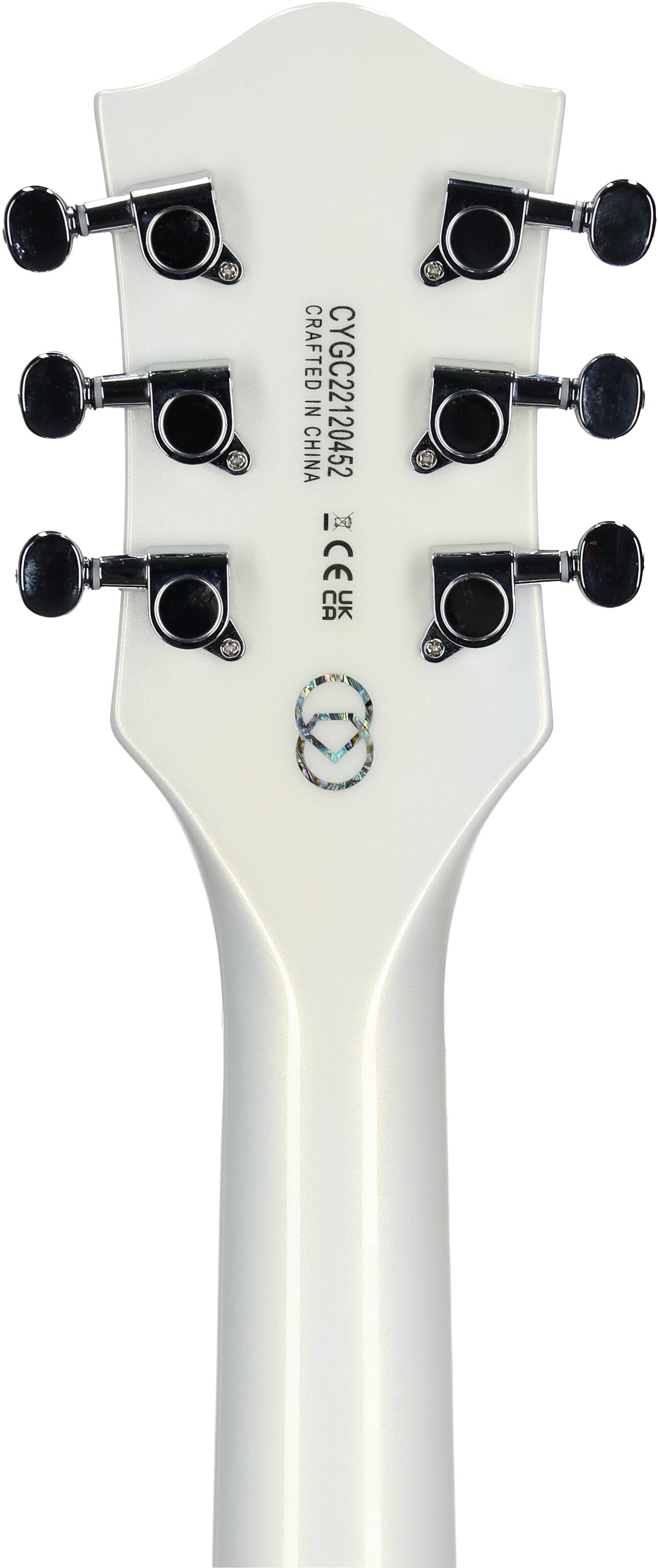 Gretsch G5622T-140 Electromatic 140th Anniversary Block Double-Cut Electric Guitar, Pearl, Headstock Straight Back