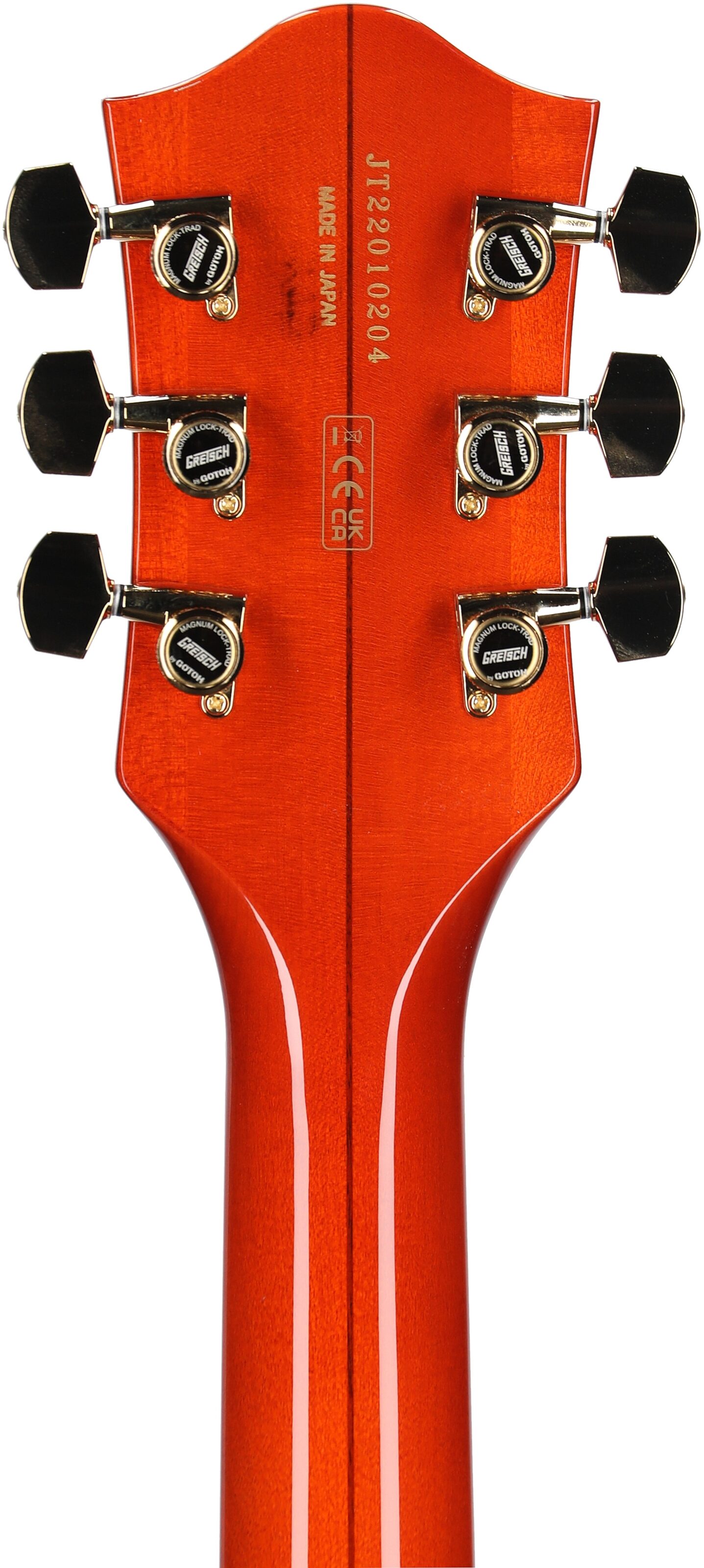 Gretsch G6120TG Players Edition Nashville Electric Guitar (with Case), Orange Stain, Headstock Straight Back