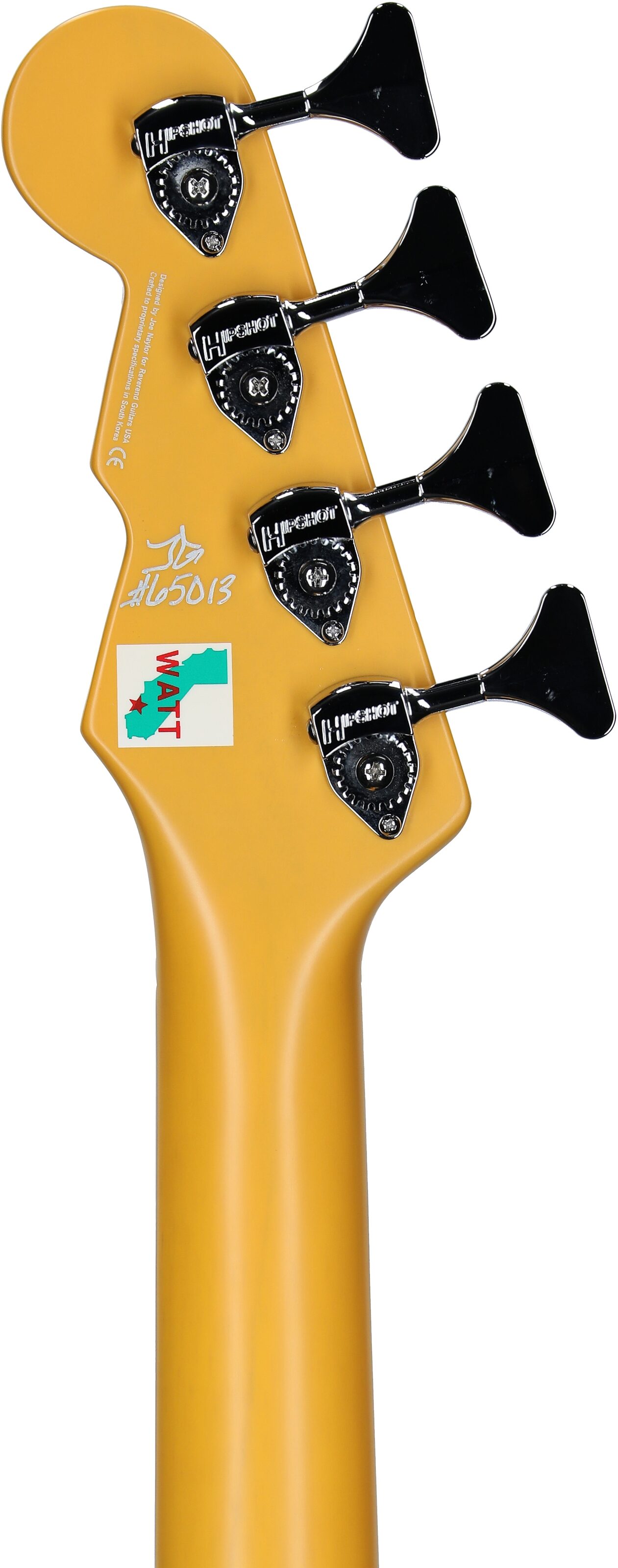 Reverend Mike Watt Wattplower MKII Electric Bass, Yellow, Headstock Straight Back