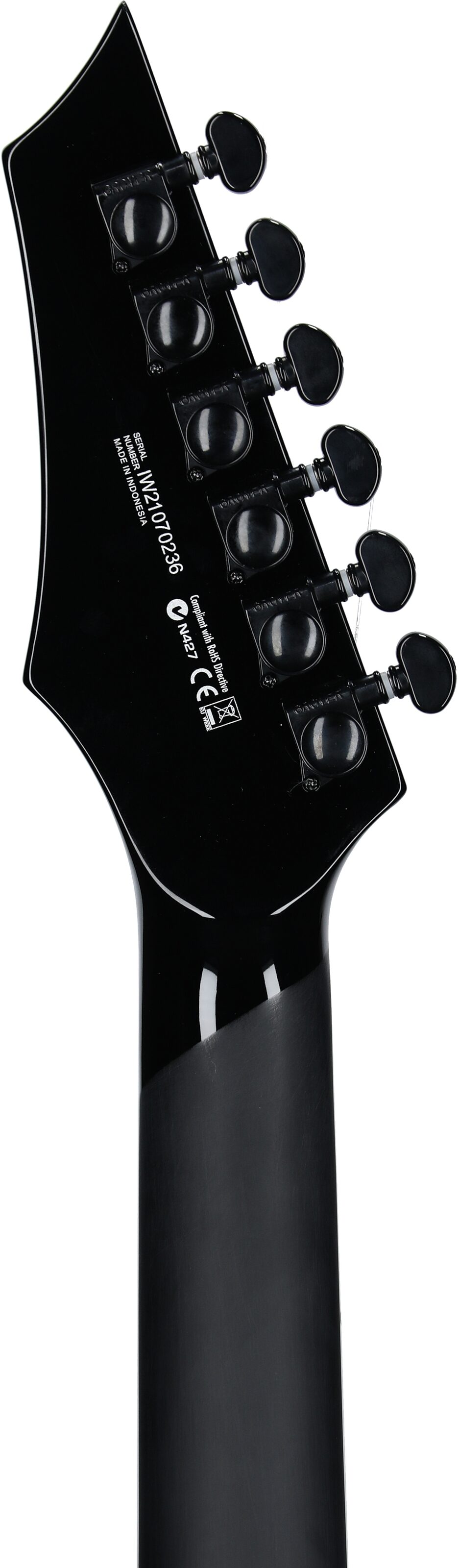 Dean Vengeance Select Evertune Fluence Electric Guitar, Black Charcoal Burst, Headstock Straight Back
