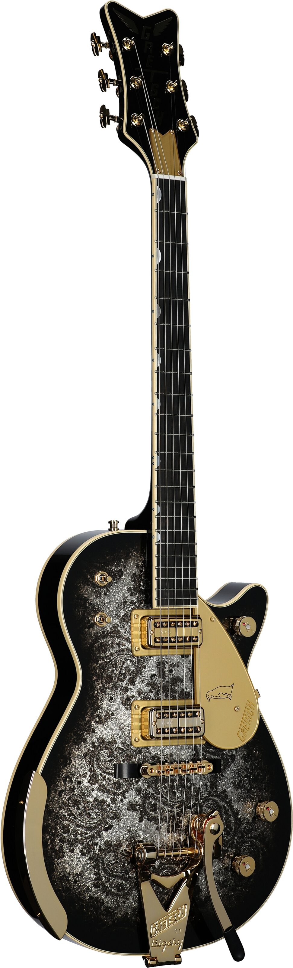 Gretsch G6134TG Limited Edition Paisley Penguin Electric Guitar (with Case), Black Paisley Penguin, Serial Number JT23051855, Body Left Front