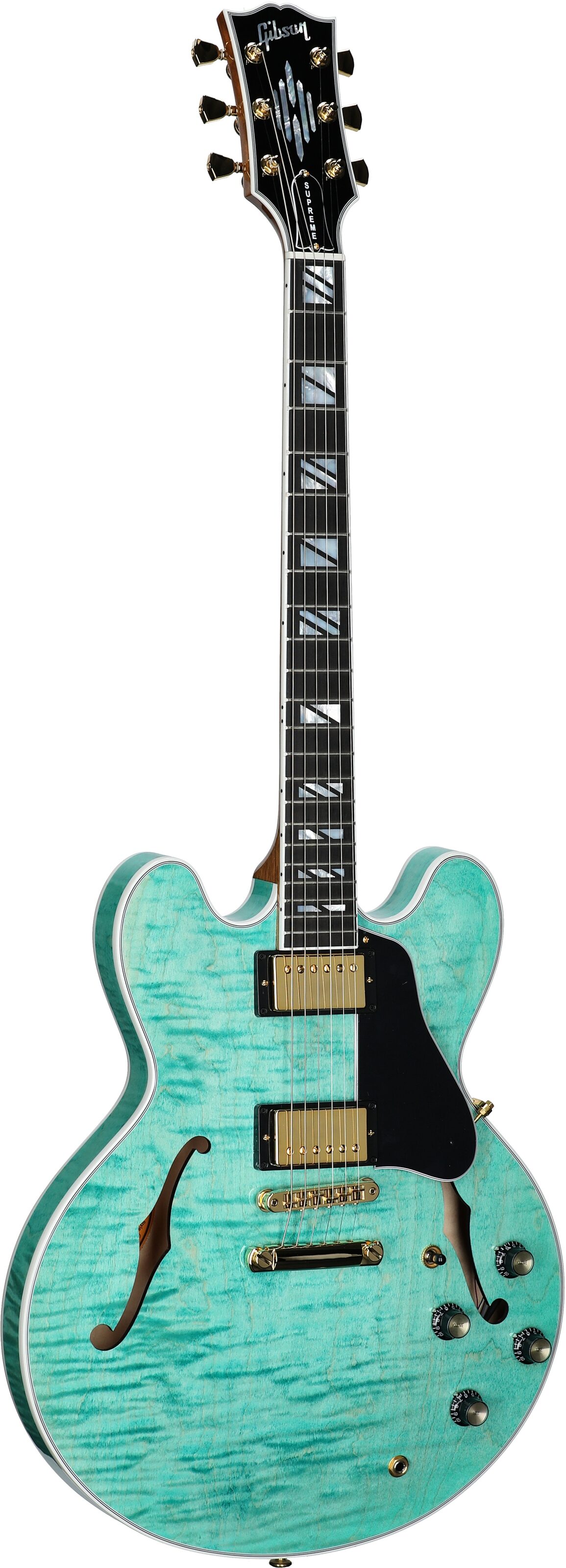 Gibson ES-335 Supreme Figured Top Electric Guitar (with Case), Seafoam Green, Serial Number 222140079, Body Left Front