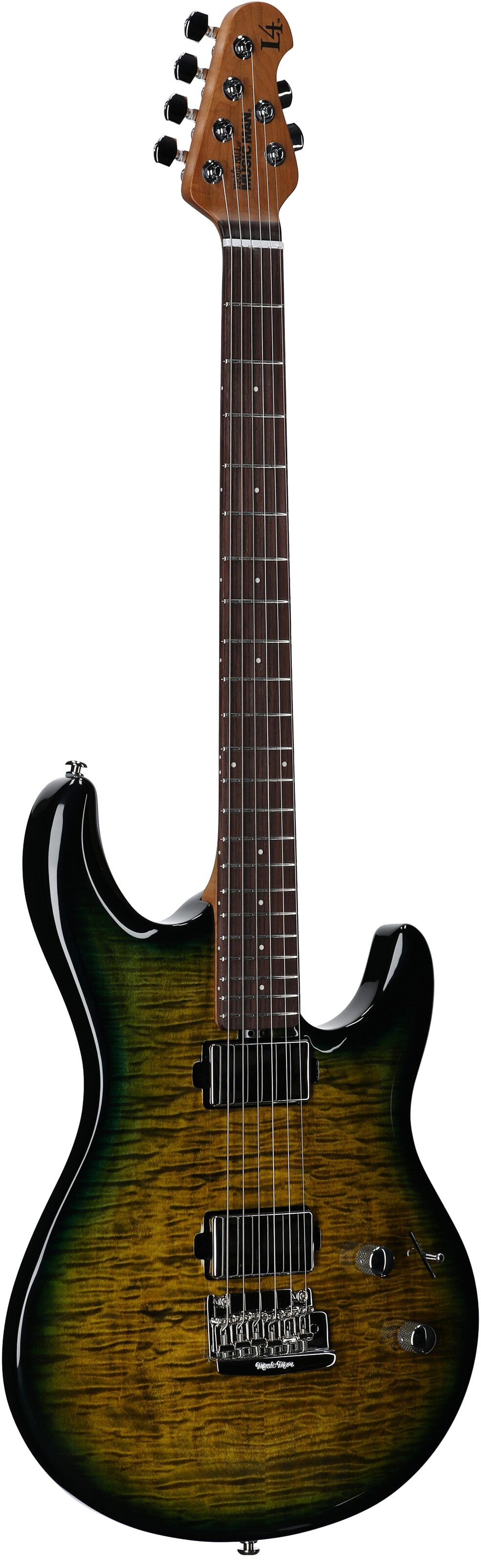 Ernie Ball Music Man Maple Top Luke 4 HH Electric Guitar (with Gig Bag), Gator Burst, Serial Number H05029, Body Left Front