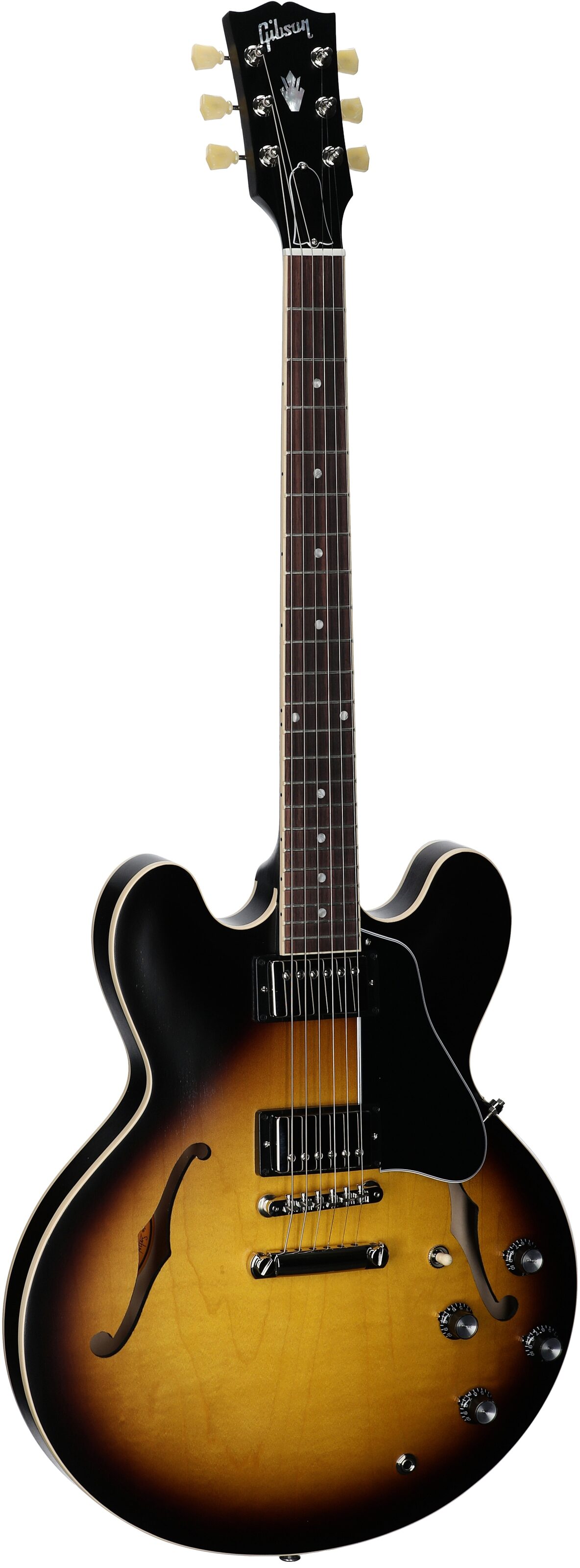 Gibson ES-335 Dot Satin Electric Guitar (with Case), Vintage Burst, Serial Number 202350358, Body Left Front