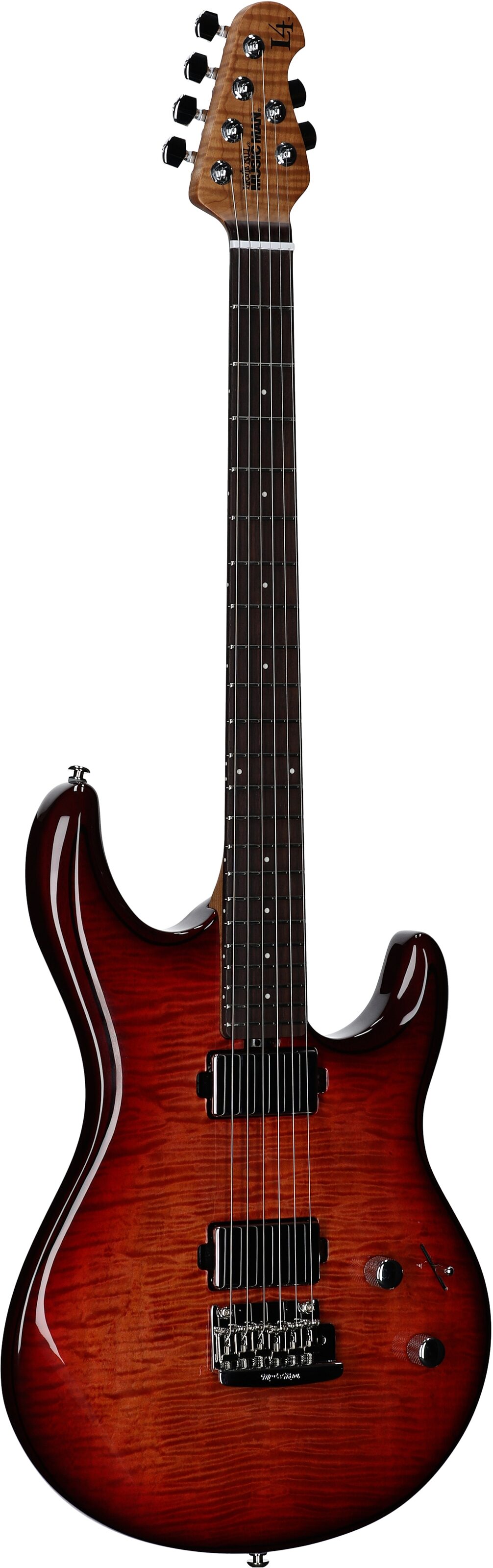 Ernie Ball Music Man Maple Top Luke 4 HH Electric Guitar (with Gig Bag), Afterburn, Serial Number H08890, Body Left Front