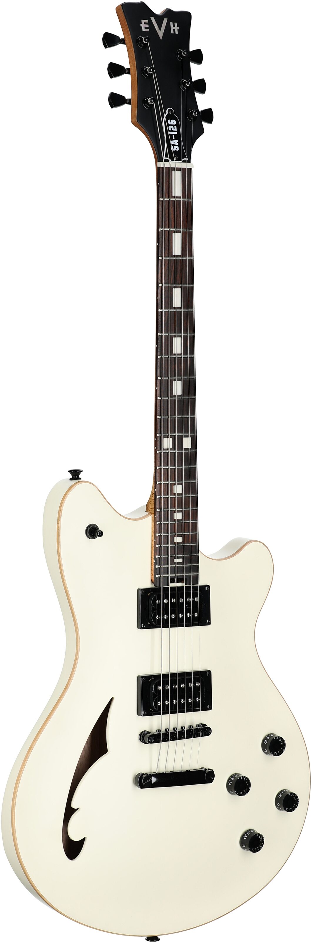 EVH Eddie Van Halen SA-126 Standard Centerblock Electric Guitar, Satin Vintage White, Body Left Front