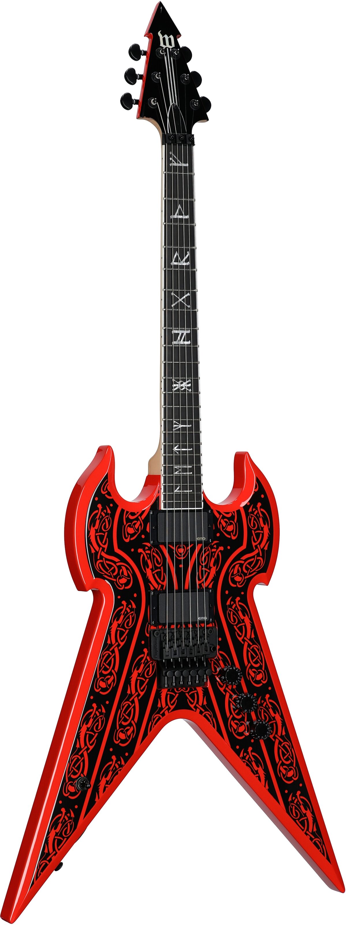 Wylde Audio Warhammer FR Electric Guitar, Norse Dragon Pinstripe Red, Open Box (Good), Body Left Front