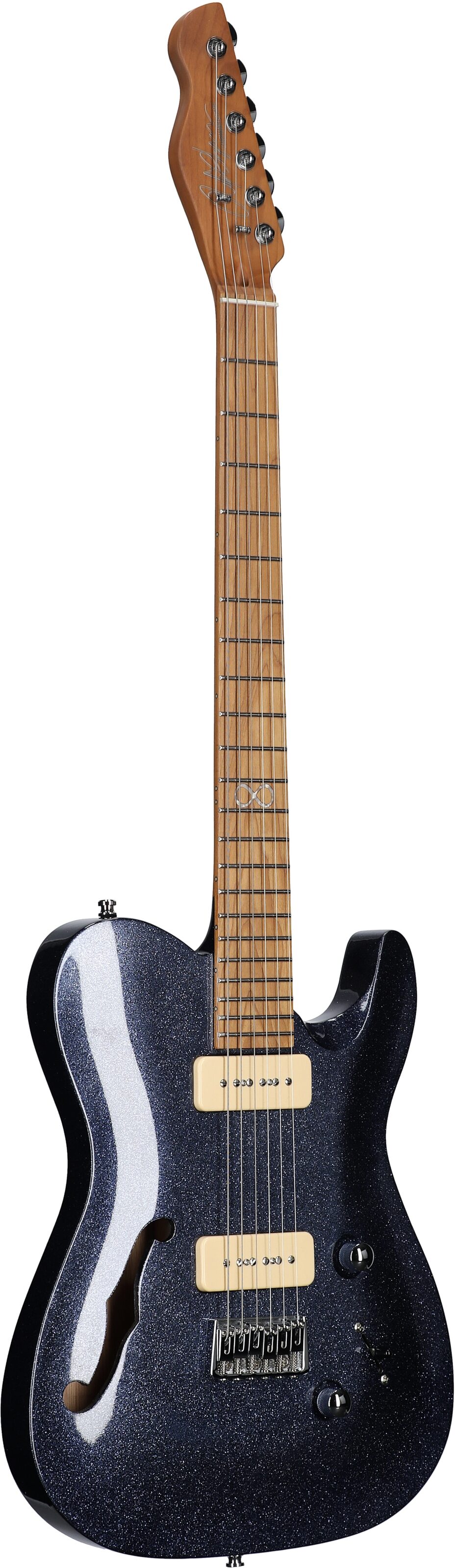 Chapman ML3 Traditional Semi-Hollowbody Pro Electric Guitar, Traditional Blue Sparkle, Body Left Front