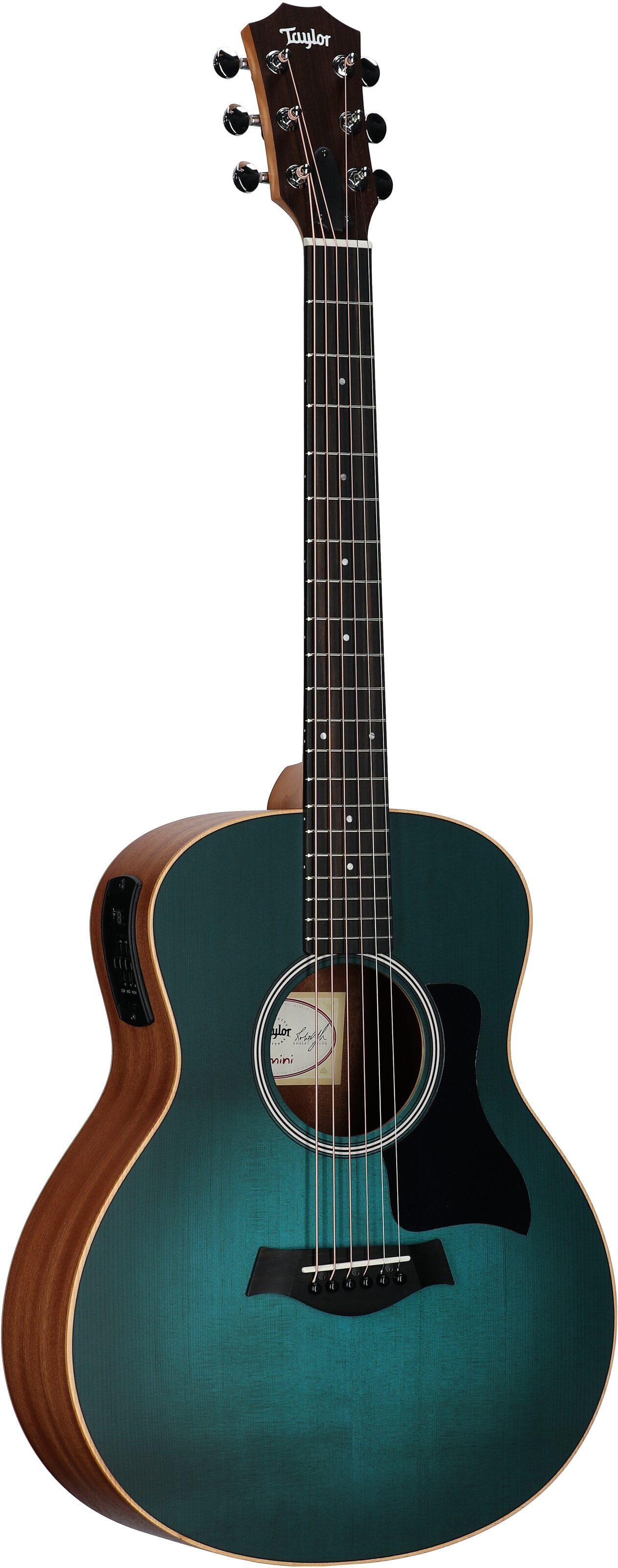 Taylor GS Mini-e Special Edition Mini Grand Symphony Acoustic-Electric Guitar (with Gig Bag), Blue Burst, Body Left Front