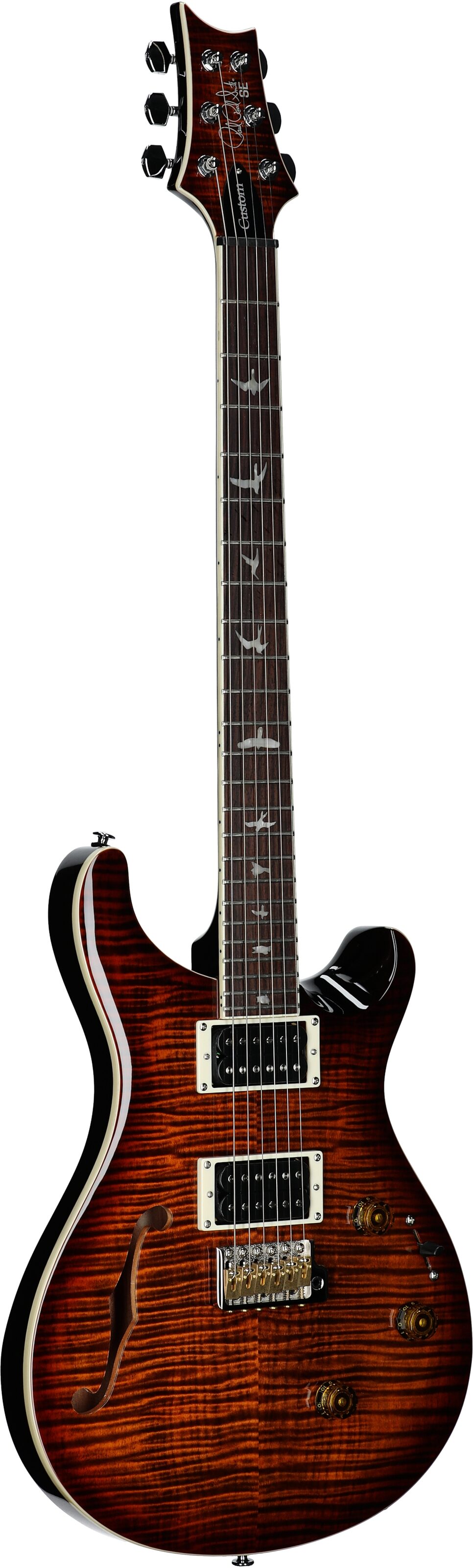 PRS Paul Reed Smith SE Custom 24 Semi-Hollow Piezo Electric Guitar (with Gig Bag), Orange Tiger, Body Left Front