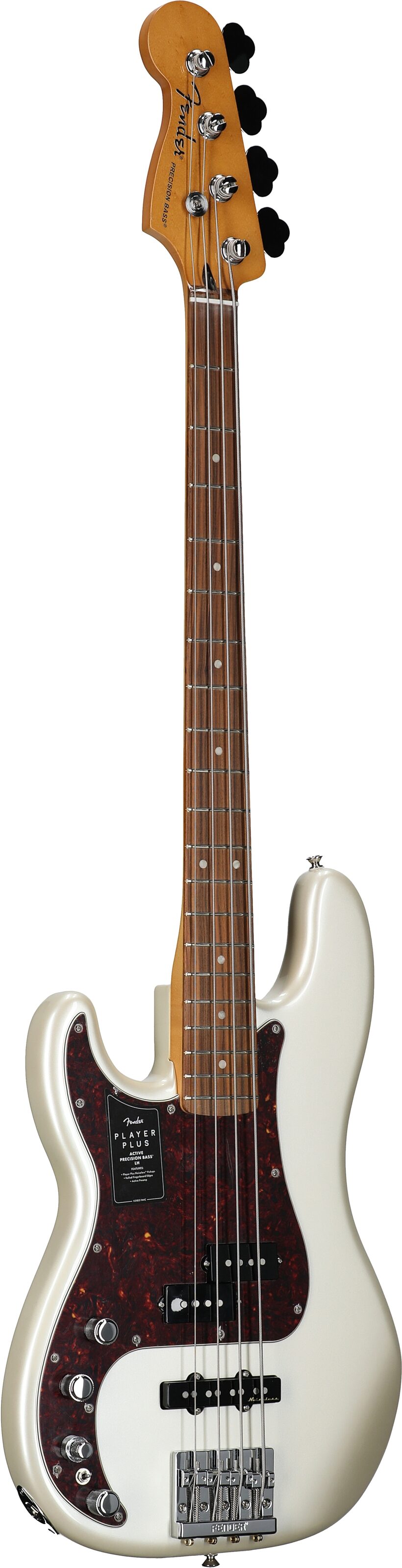 Fender Player Plus Precision Electric Bass, Left-Handed (with Pau Ferro Fingerboard and Gig Bag), Olympic White, Body Left Front
