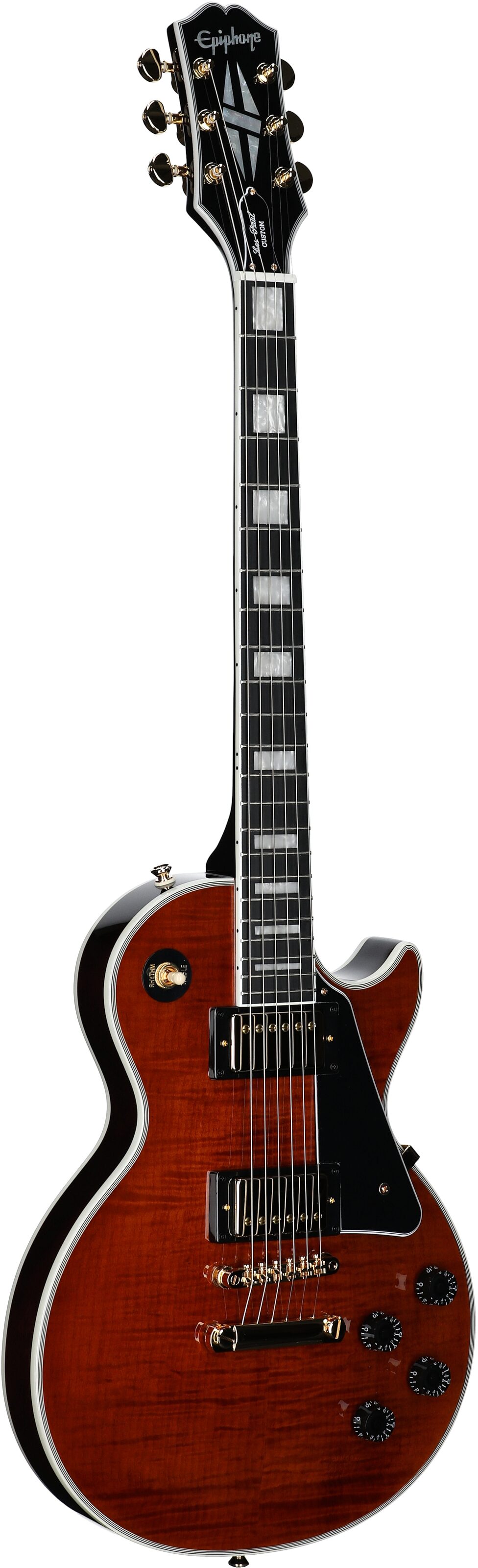 Epiphone Exclusive Les Paul Custom Figured Electric Guitar (with Gig Bag), Root Beer, Body Left Front