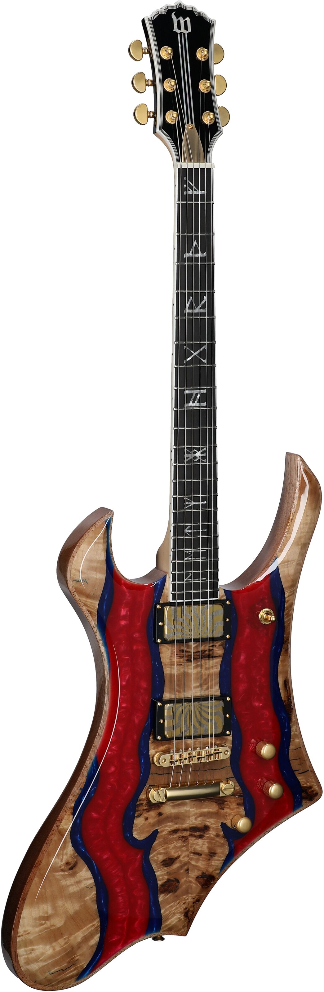 Wylde Audio Goregehn Electric Guitar, Blood River Burl, Body Left Front
