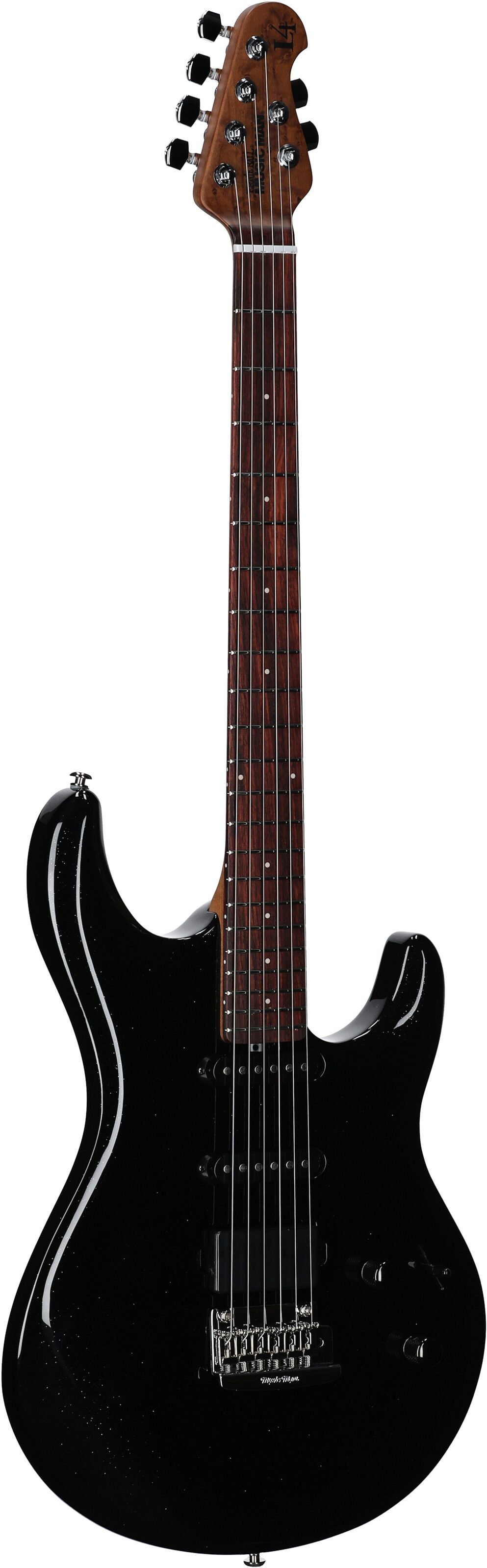 Ernie Ball Music Man Luke 4 HSS Electric Guitar, Black Sparkle, Body Left Front