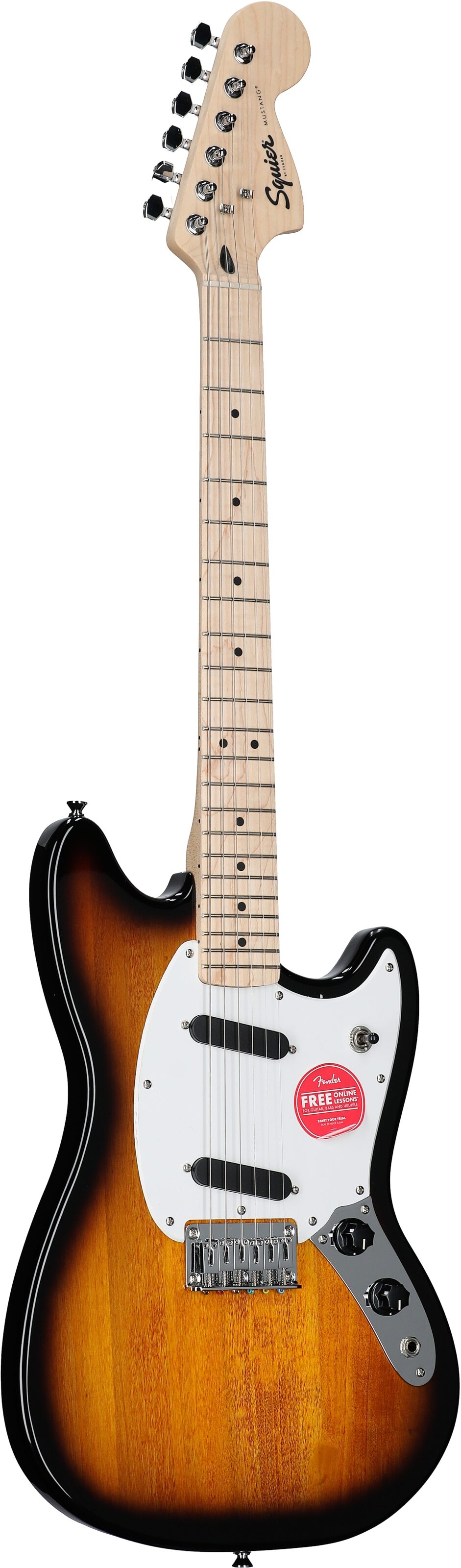 Squier Sonic Mustang Maple Neck Electric Guitar, Two Color Sunburst, Body Left Front