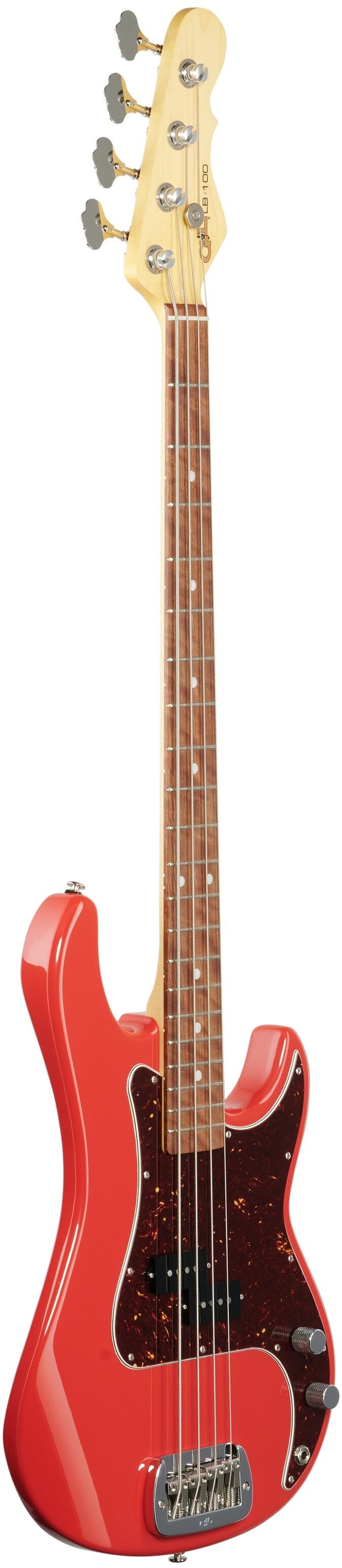 G&L Fullerton Deluxe LB-100 Bass Guitar (with Gig Bag), Fullerton Red, Body Left Front