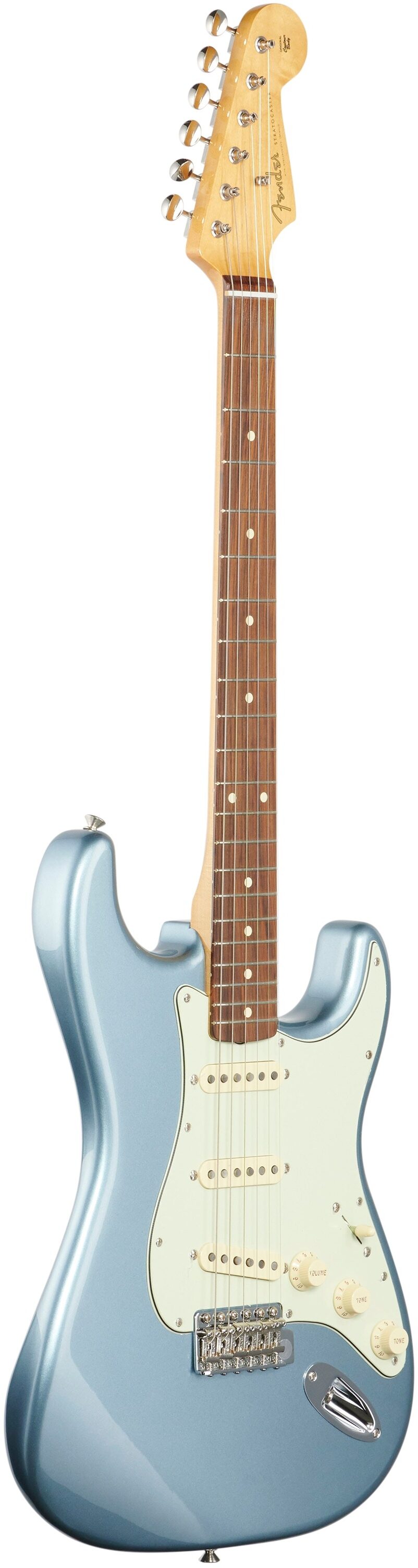 Fender Vintera '60s Stratocaster Electric Guitar, Pau Ferro (with Gig Bag), Ice Blue Metallic, Body Left Front