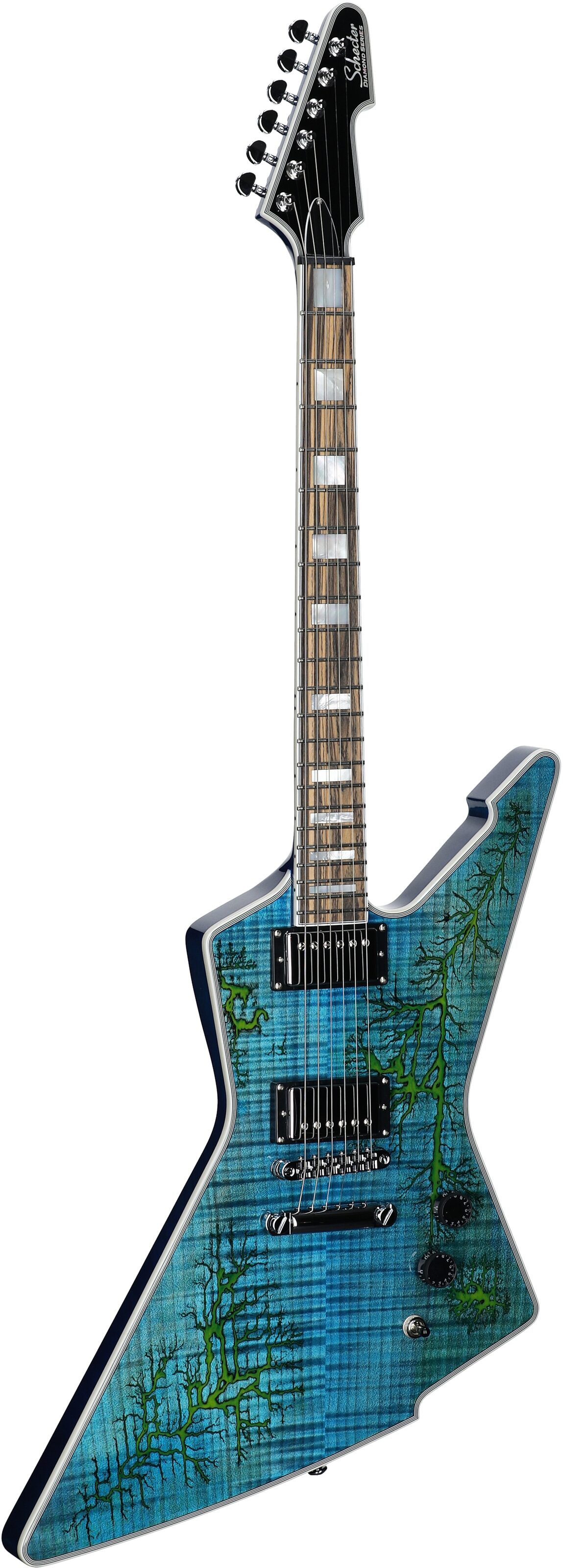 Schecter E-1 Electro-Resin Electric Guitar, Transparent Blue, Body Left Front
