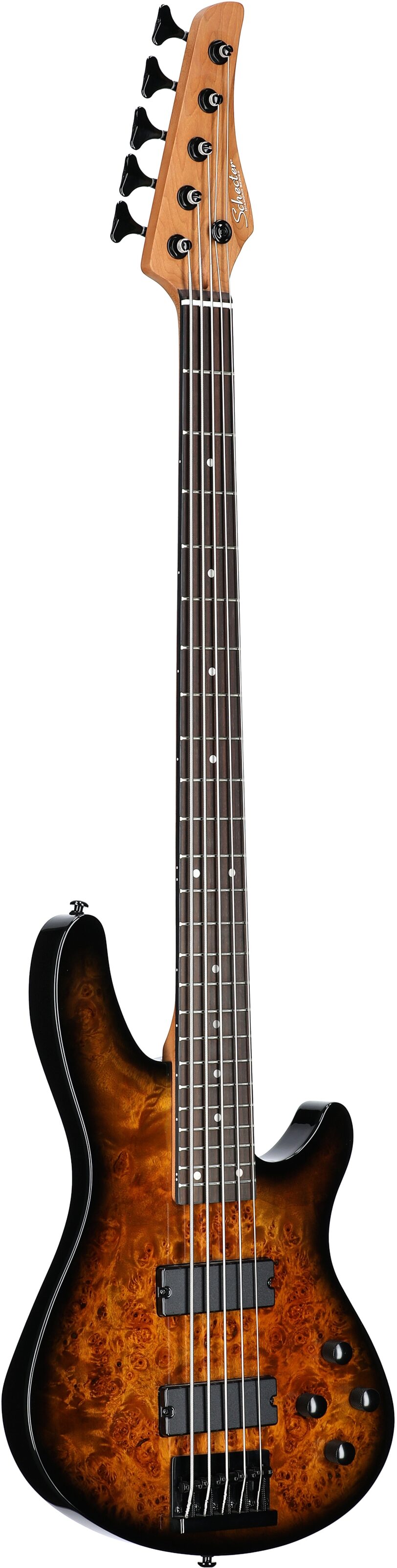 Schecter C-5 Standard Electric Bass, 5-String, Tobacco Burl, Body Left Front