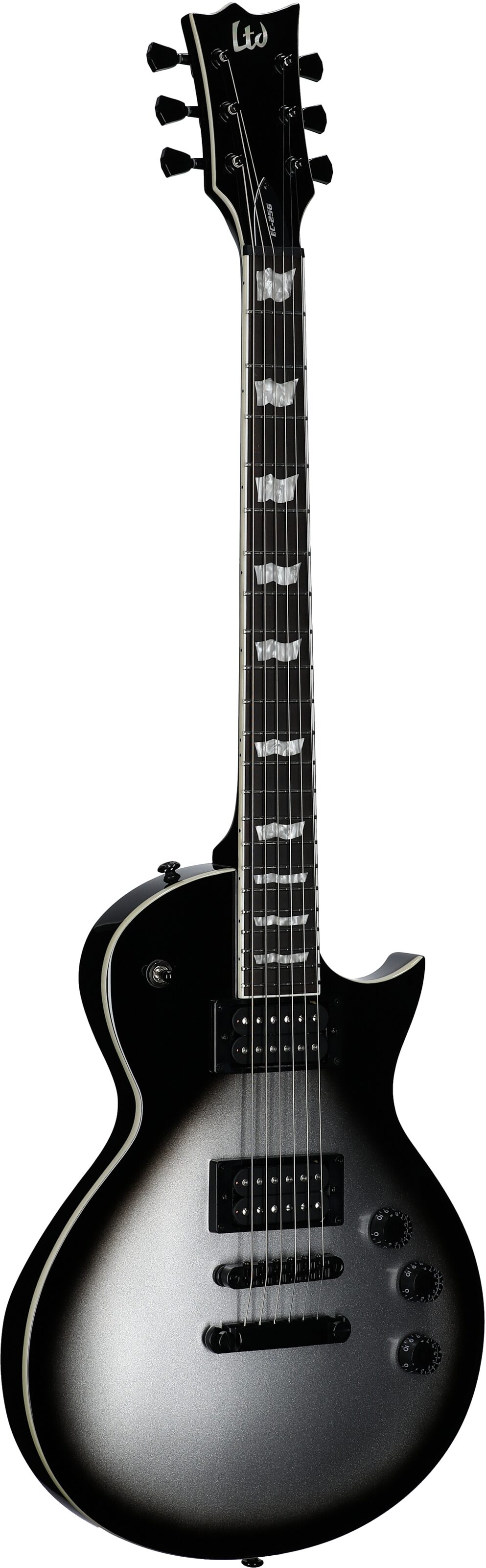 ESP LTD EC-256FM Electric Guitar, Silver Sunburst Teardrop, Body Left Front