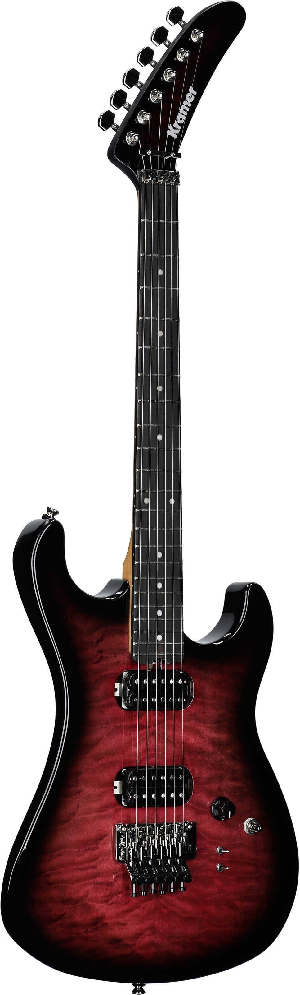 Kramer 84 HH FR Quilted Top Electric Guitar, Ebony Fingerboard (with Gig Bag), Magenta Burst, Body Left Front
