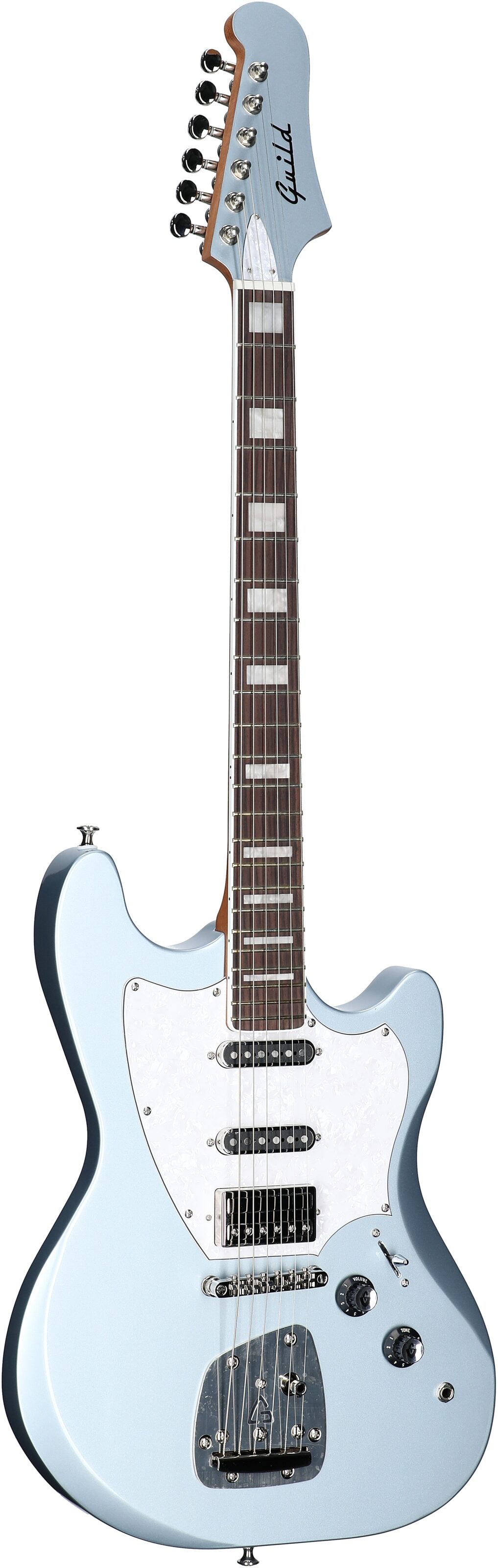 Guild Surfliner Deluxe Electric Guitar, Glacier Blue Metallic, Body Left Front