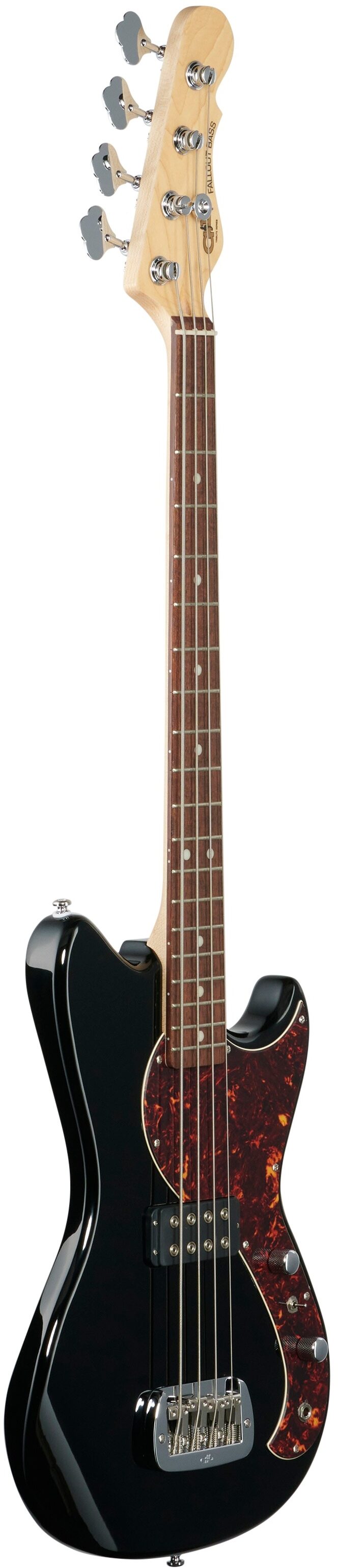 G&L Tribute Fallout Bass Guitar, Brazilian Cherry Fingerboard, Jet Black, Body Left Front
