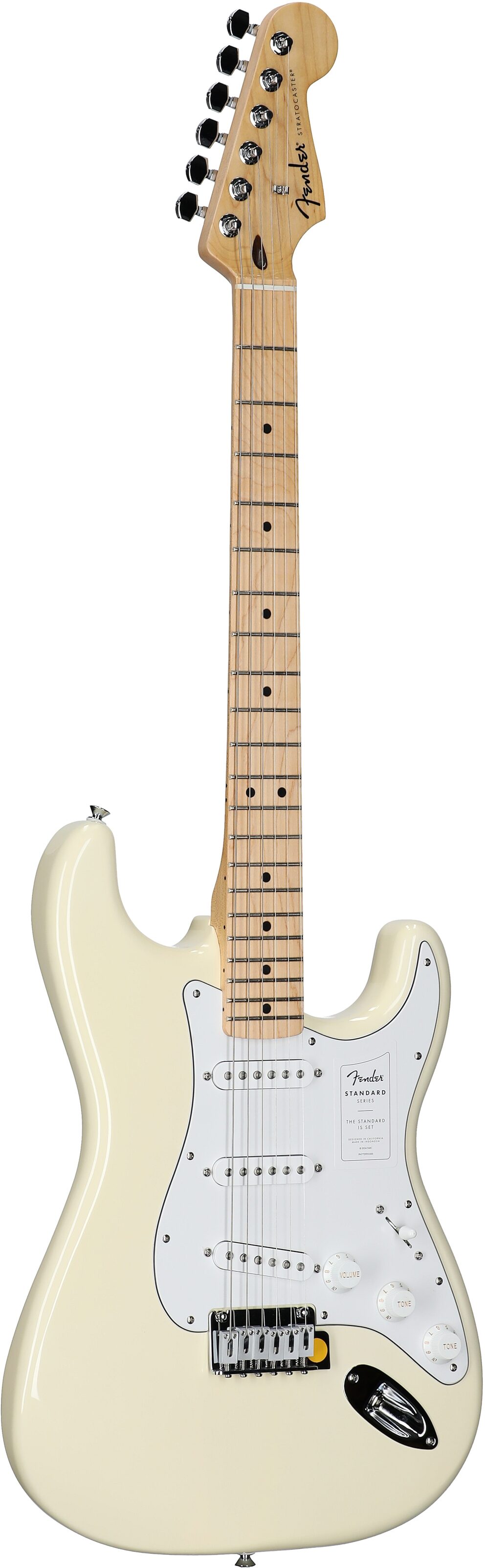 Fender Standard Stratocaster Electric Guitar, Maple Fingerboard, Olympic White, Body Left Front