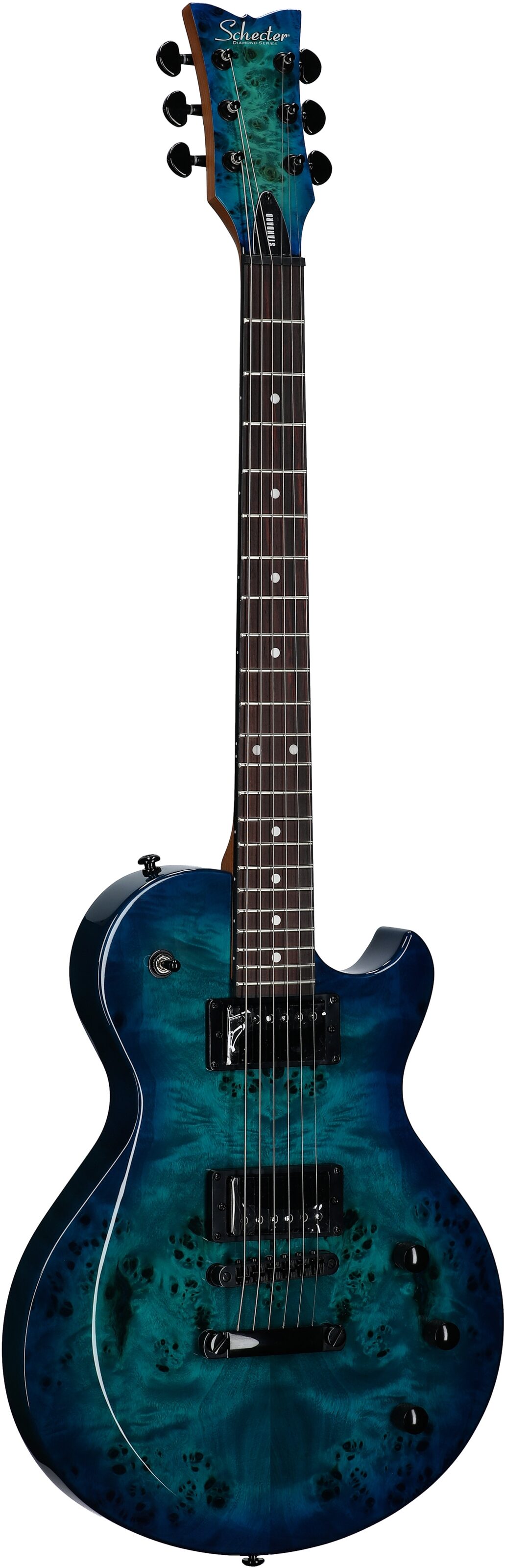 Schecter Solo II Standard Electric Guitar, Ocean Blue Burst Burl, Body Left Front