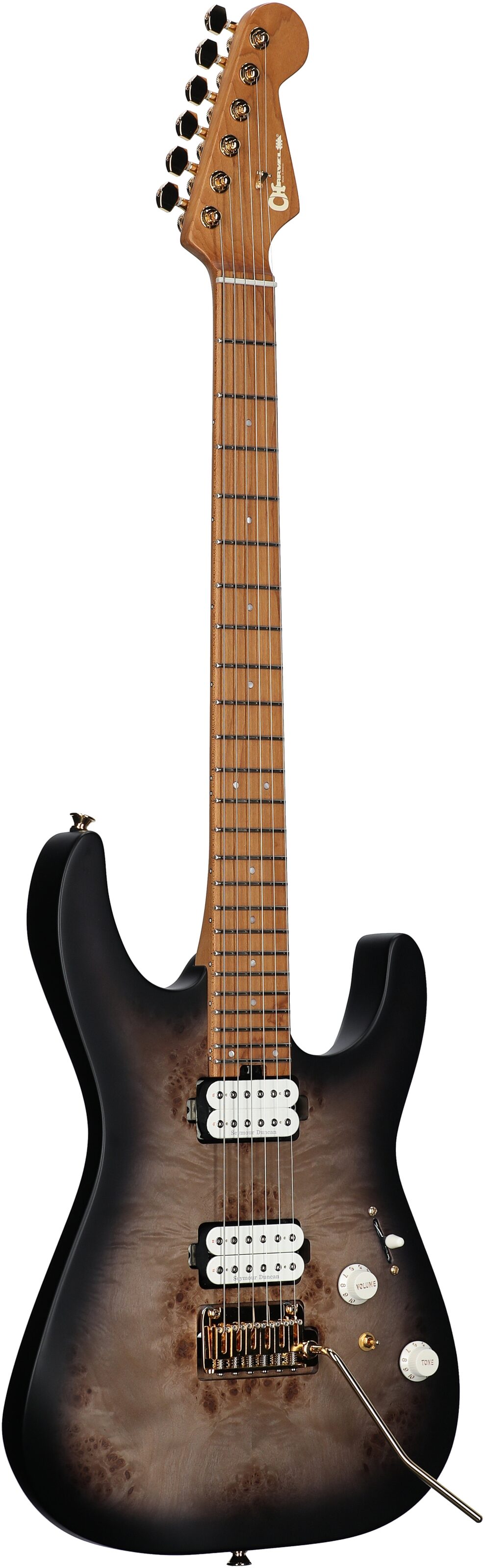 Charvel Pro-Mod DK24 HH 2PT CM Electric Guitar, with Maple Fingerboard, Transparent Black Burst, Body Left Front