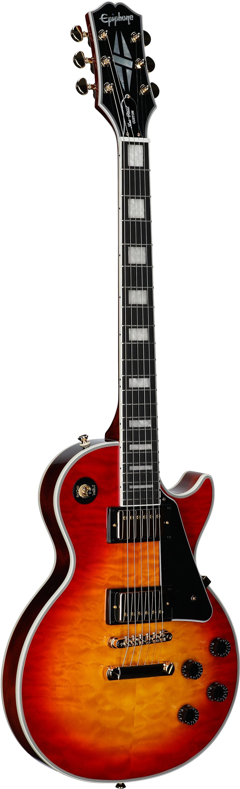 Epiphone Exclusive Les Paul Custom AAA Quilt Top Electric Guitar (with Gig Bag), Heritage Cherry Sunburst, Body Left Front