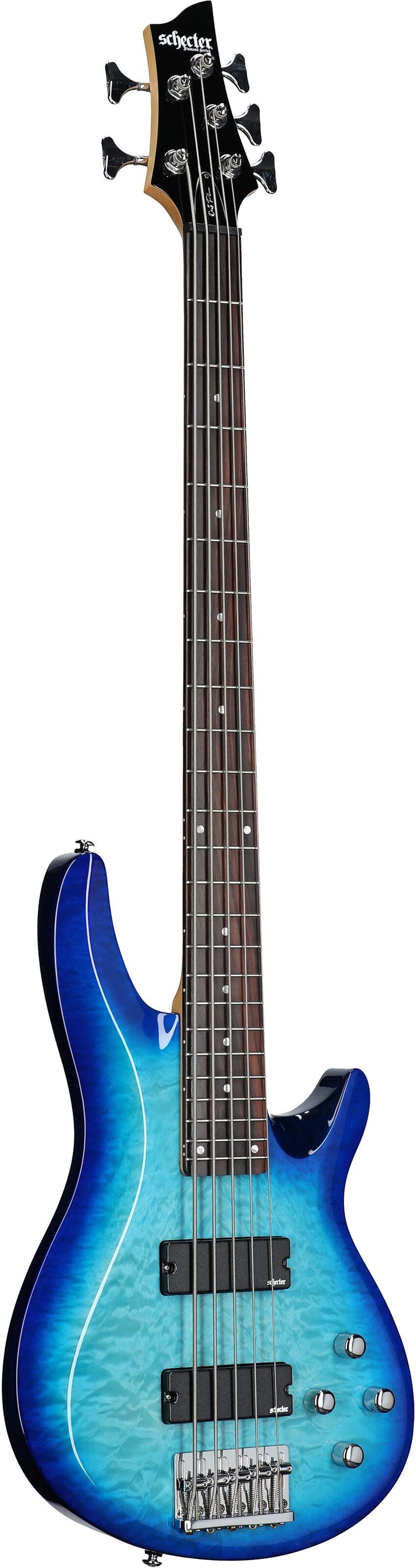 Schecter C-5 Plus Electric Bass, Ocean Blue Burst, Body Left Front