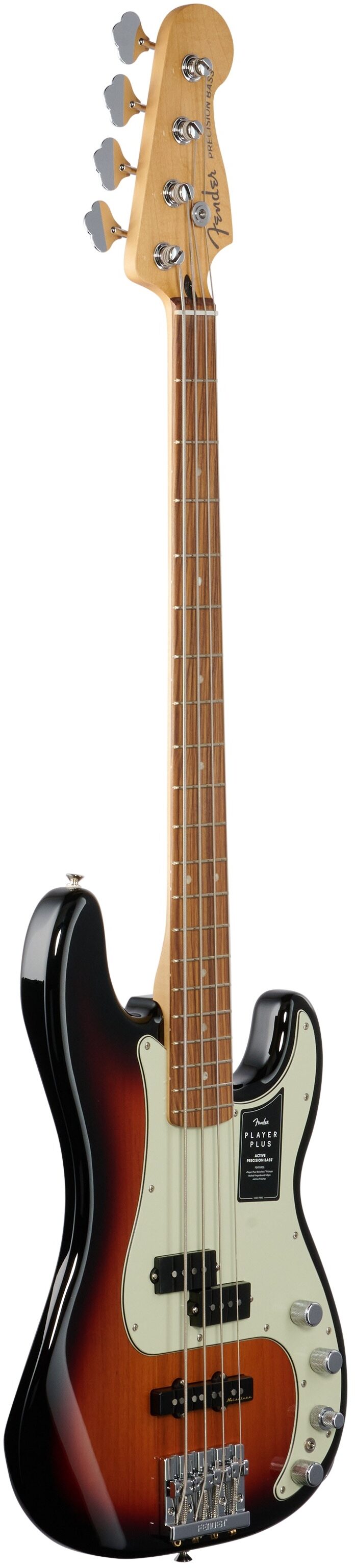Fender Player Plus Precision Electric Bass, Pau Ferro Fingerboard (with Gig Bag), 3-Color Sunburst, Body Left Front