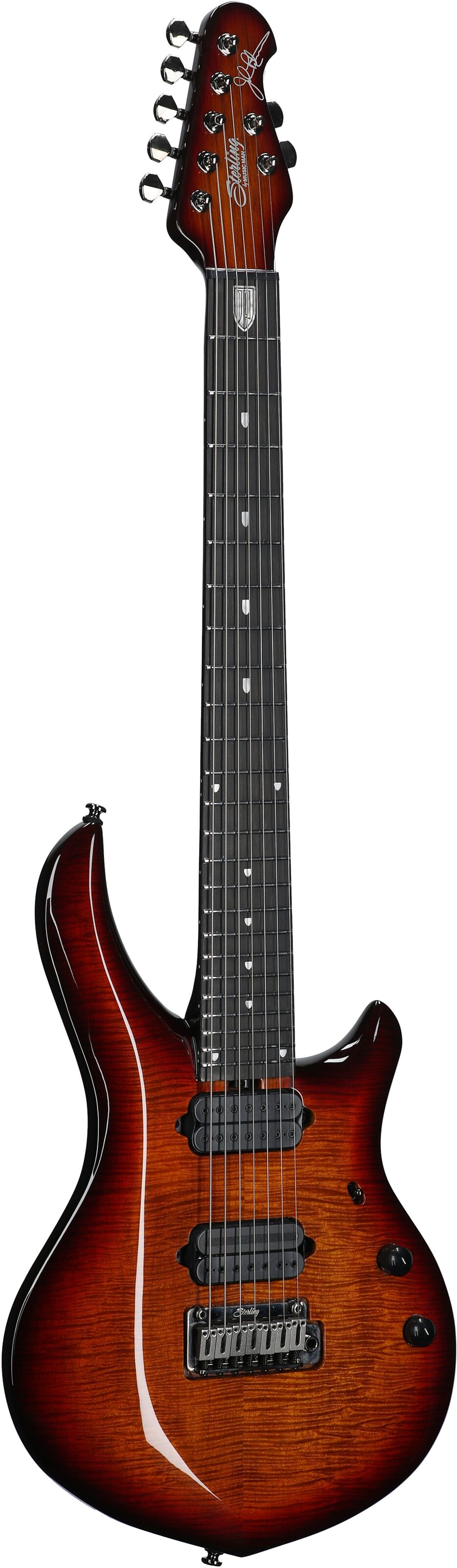 Sterling by Music Man MAJ270XFM Majesty 7 Electric Guitar, 7-String, Blood Orange Burst, Body Left Front