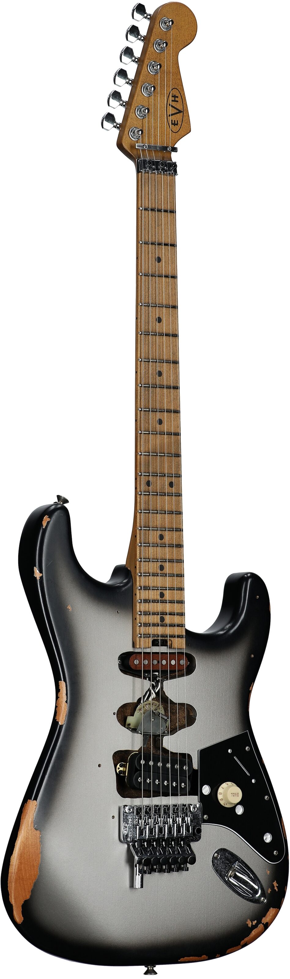 EVH Eddie Van Halen Frankenstein Relic Series Electric Guitar (with Gig Bag), Silverburst, Body Left Front