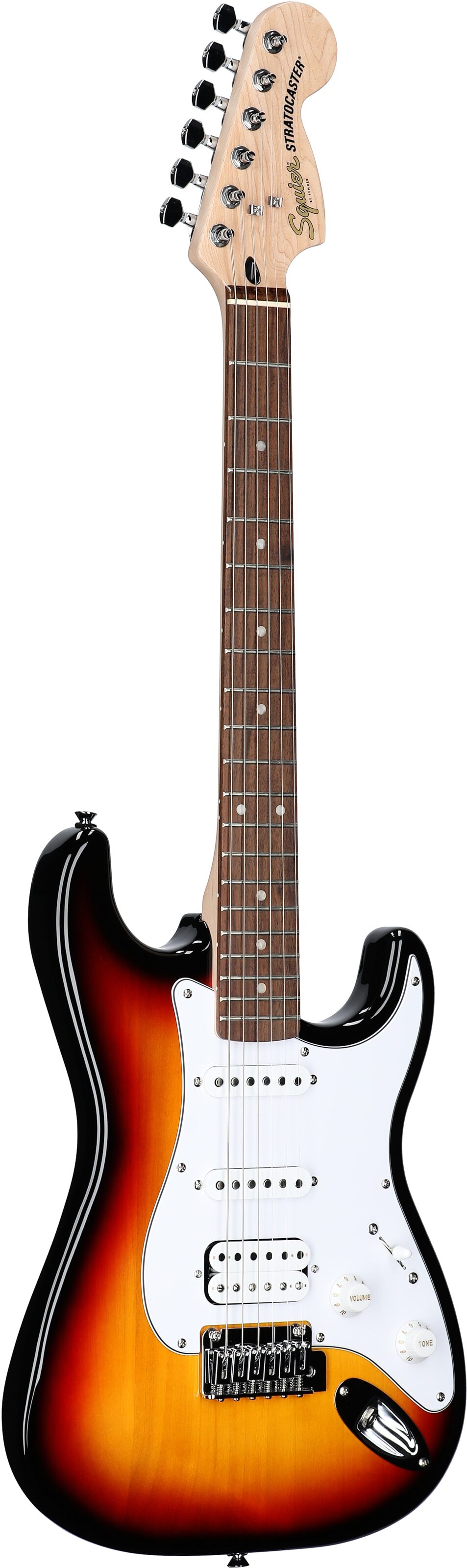 Squier Affinity Stratocaster Junior HSS Electric Guitar, Laurel Fingerboard, 3-Color Sunburst, Body Left Front