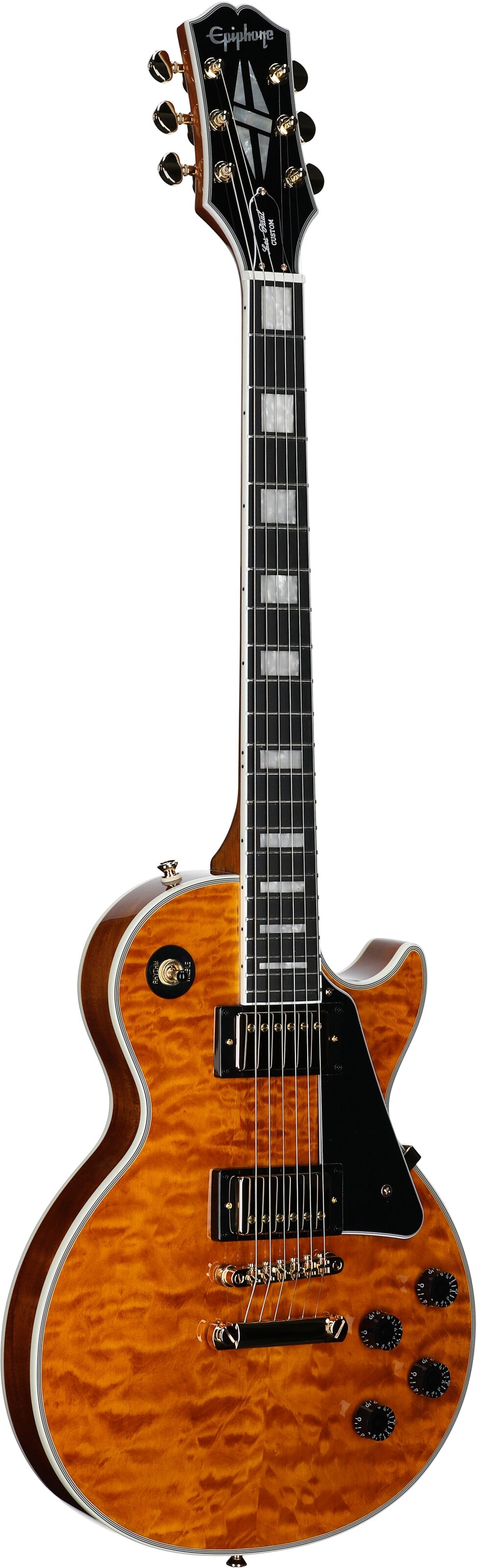 Epiphone Exclusive Les Paul Custom AAA Quilt Top Electric Guitar (with Gig Bag), Transparent Amber, Body Left Front