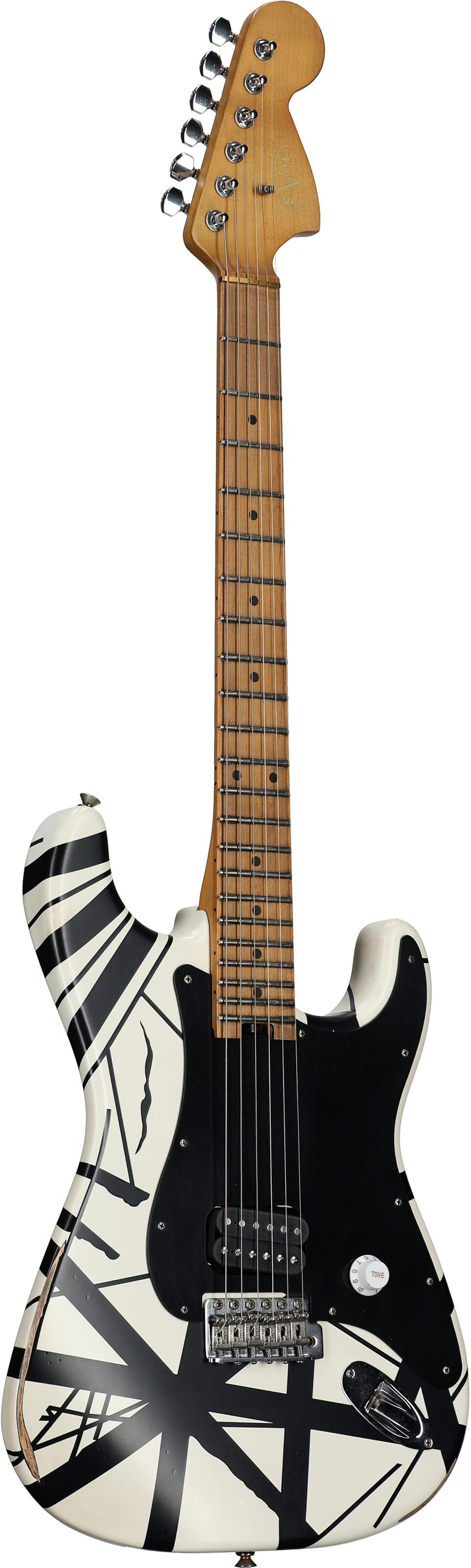 EVH Eddie Van Halen Striped '78 Eruption Electric Guitar (with Gig Bag), White and Black, Body Left Front