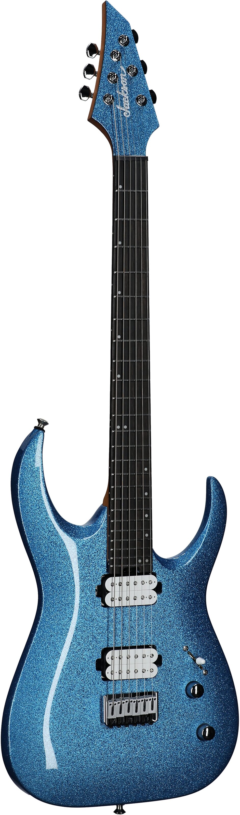 Jackson Pro Series Signature Misha Mansoor Juggernaut HT6 Electric Guitar, Caramelized Maple Fingerboard, Blue Sparkle, Body Left Front