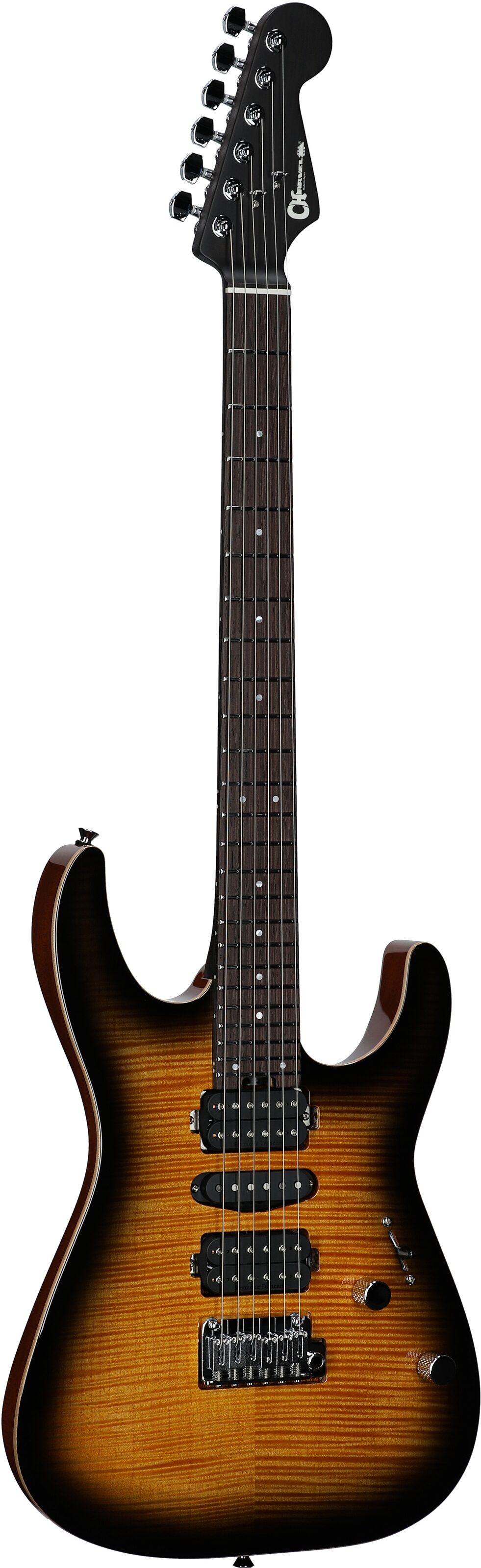 Charvel MJ DK24 HSH 2PT W Mahogany Electric Guitar (with Gig Bag), Flame Maple Antique Burst, Body Left Front