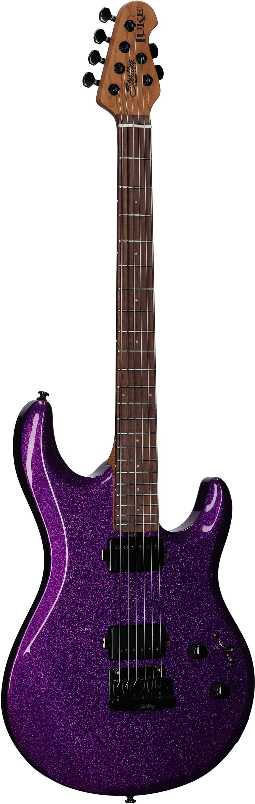 Sterling by Music Man LK100 Luke Electric Guitar, Purple Sparkle, Body Left Front